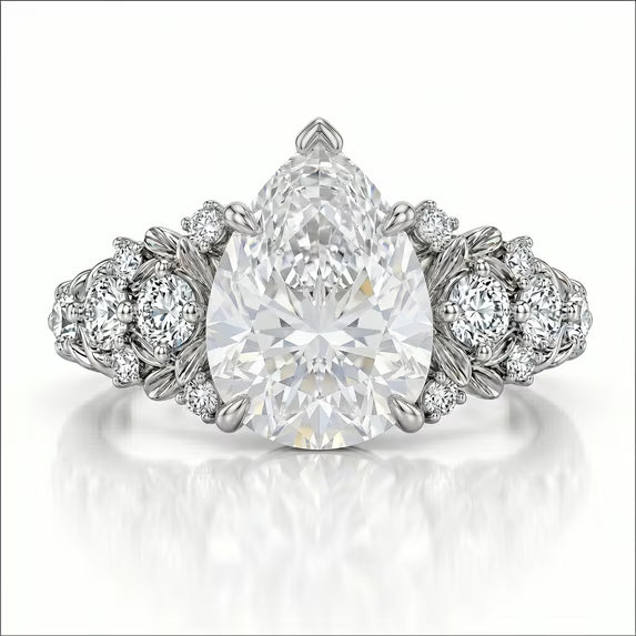 JeenMata 2.5 Carat Pear Cut Moissanite - Multi-Stone Engagement Ring in 18K White Gold Plating for Women
