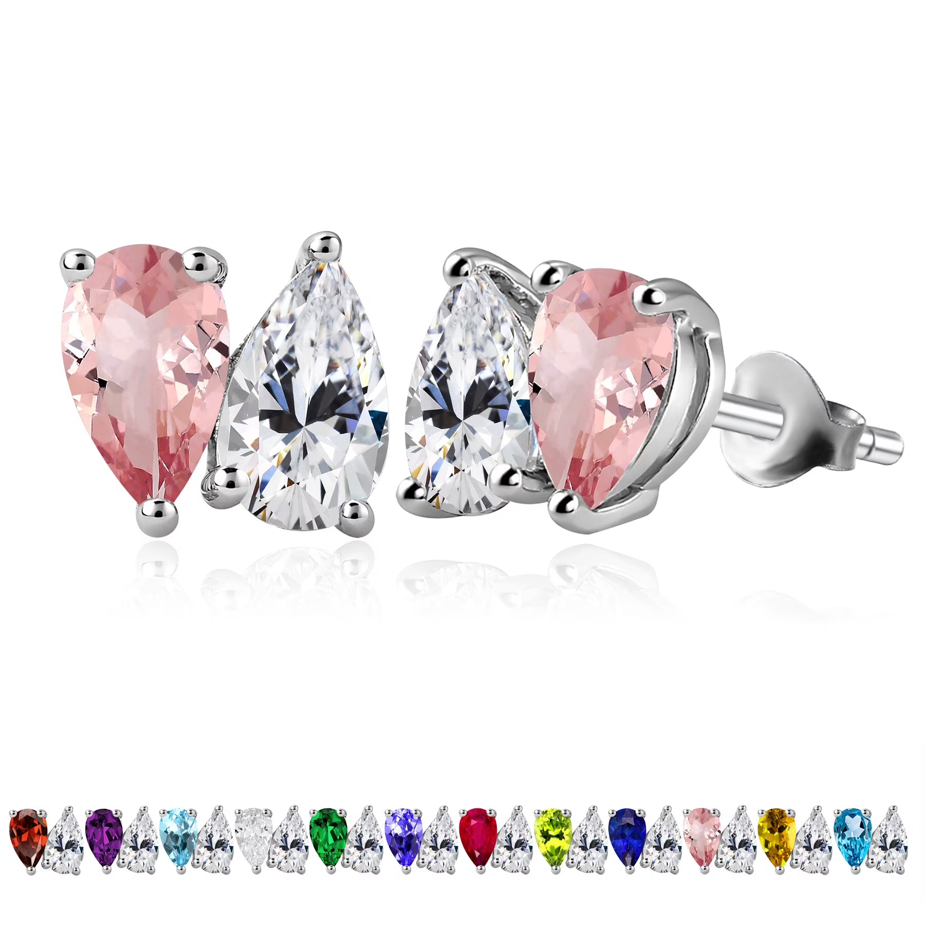 JeenMata 2.5 Carat Pear Cut October Birthstone Stud Earring - Pink Tourmaline & Cubic Zirconia Two Stone Earrings in 18K White Gold Plating Gift for Women