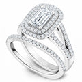 JeenMata 2.75 Carat Emerald Cut Moissanite Double Halo Split Shank Engagement Ring Set in 18K White Gold Plated for Women