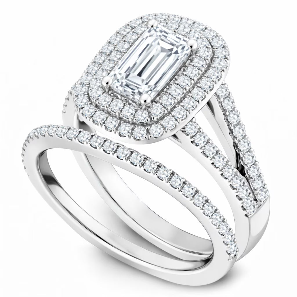 JeenMata 2.75 Carat Emerald Cut Moissanite Double Halo Split Shank Engagement Ring Set in 18K White Gold Plated for Women