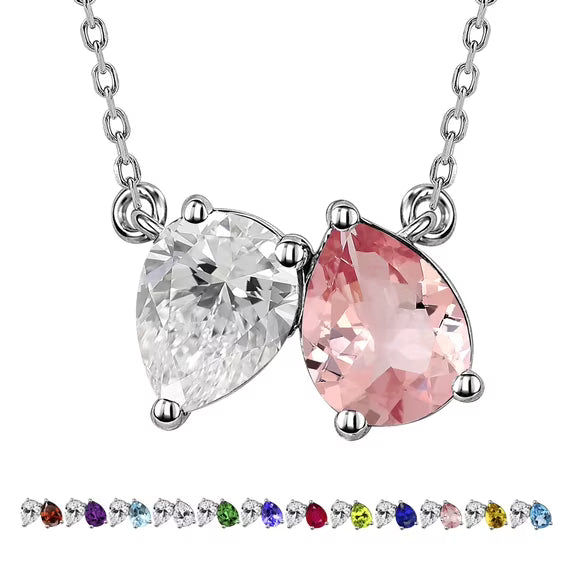 JeenMata 2.75 Carat October Birthstone Necklace - Pear Cut Two Stone Pink Tourmaline & Cubic Zirconia Necklaces in 18K White Gold Plating Gift for Women, Mother, Her