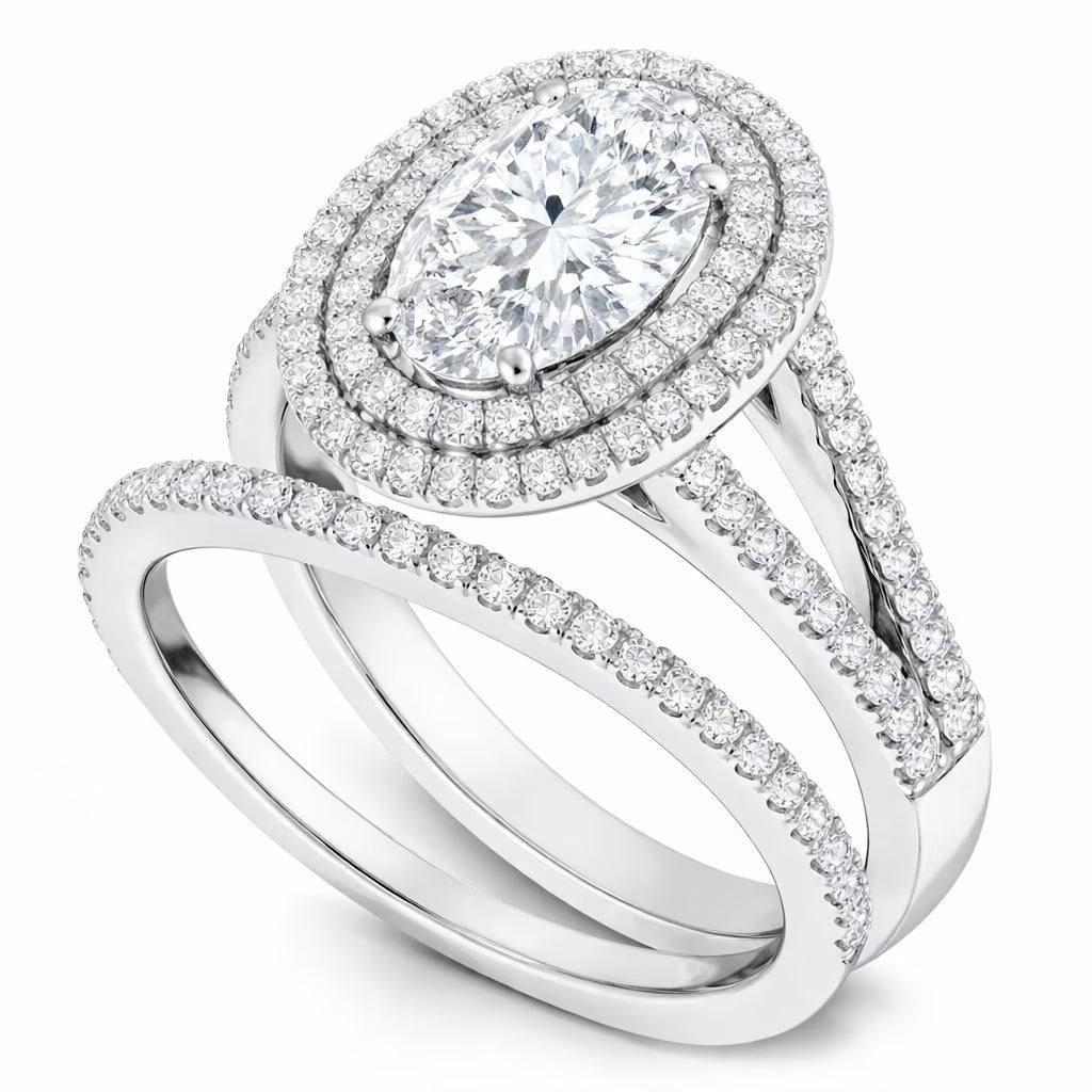 JeenMata 2.75 Carat Oval Cut Moissanite Double Halo Split Shank Engagement Ring Set in 18K White Gold Plated for Women