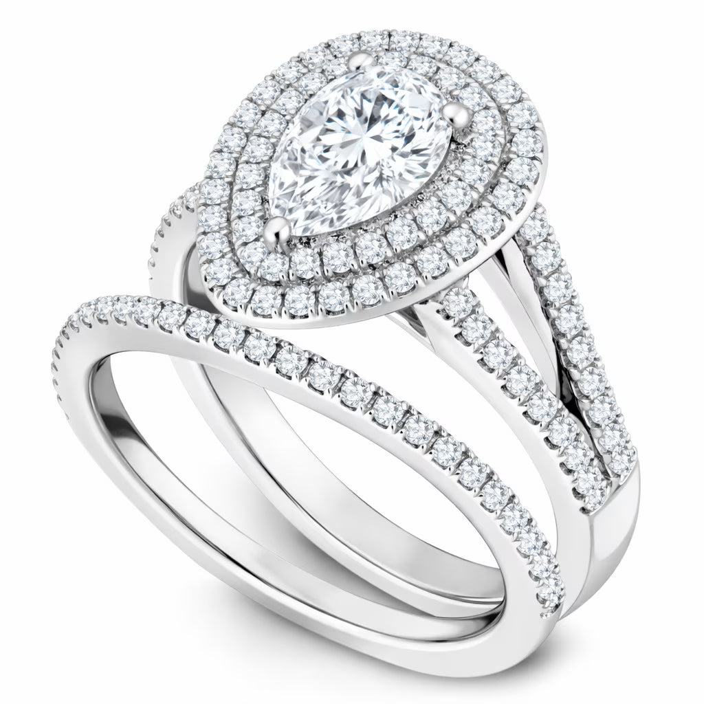 JeenMata 2.75 Carat Pear Cut Moissanite Double Halo Split Shank Engagement Ring Set in 18K White Gold Plated for Women