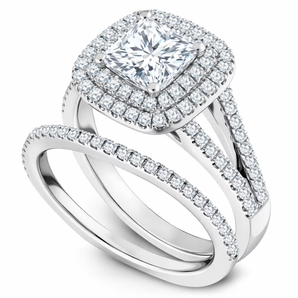 JeenMata 2.75 Carat Princess Cut Moissanite Double Halo Split Shank Engagement Ring Set in 18K White Gold Plated for Women