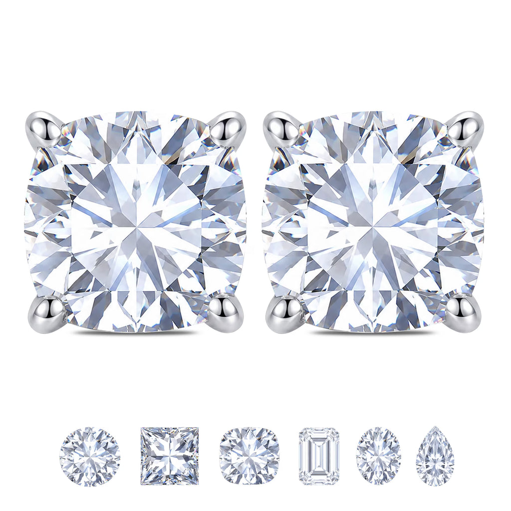 JeenMata 2 Carat Cushion Cut Moissanite 4 Prong Solitaire Stud Earrings in 18k White Gold Plating for Women