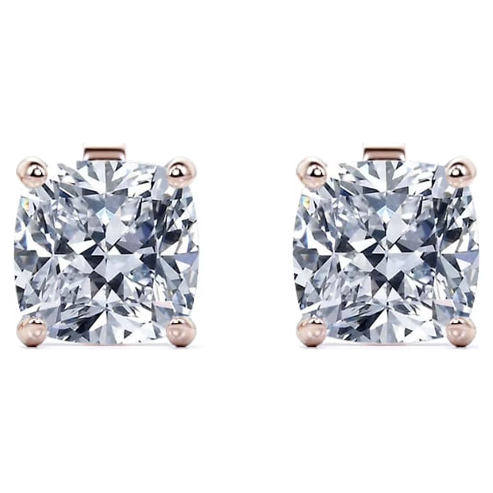 JeenMata 2 Carat Cushion Cut Moissanite Solitaire Stud Earrings In 18K Rose Gold Plating Over Silver