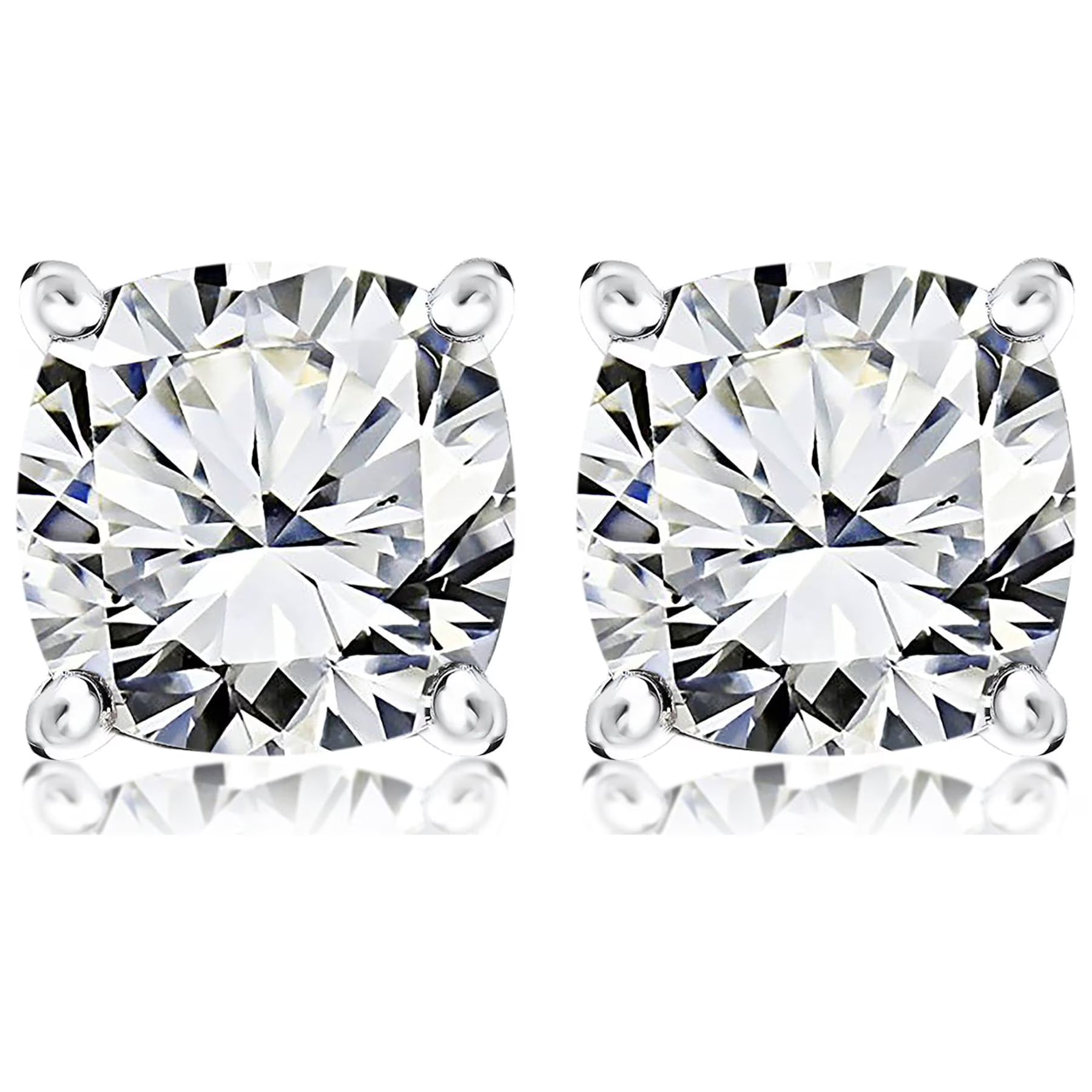 JeenMata 2 Carat Cushion Cut Moissanite Solitaire Stud Earrings In 18K White Gold Plating Over Silver