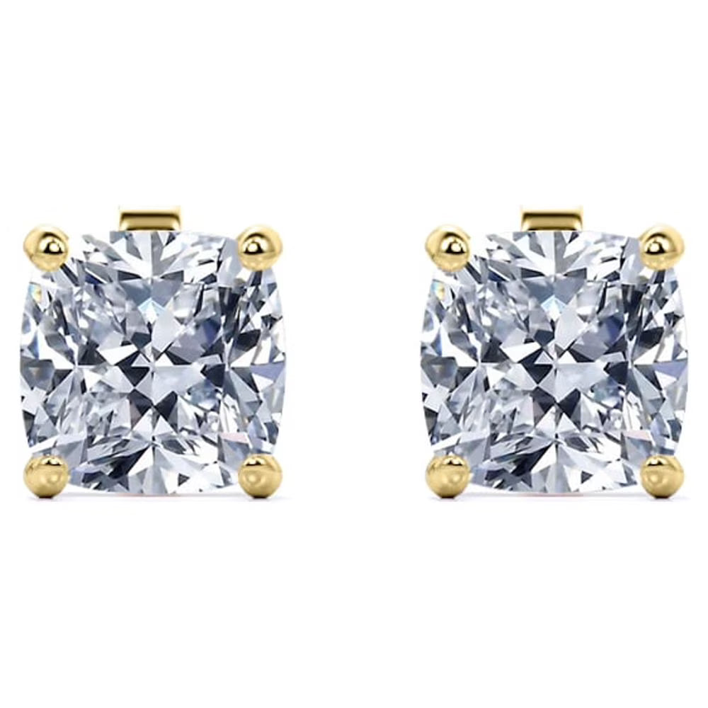 JeenMata 2 Carat Cushion Cut Moissanite Solitaire Stud Earrings In 18K Yellow Gold Plating Over Silver