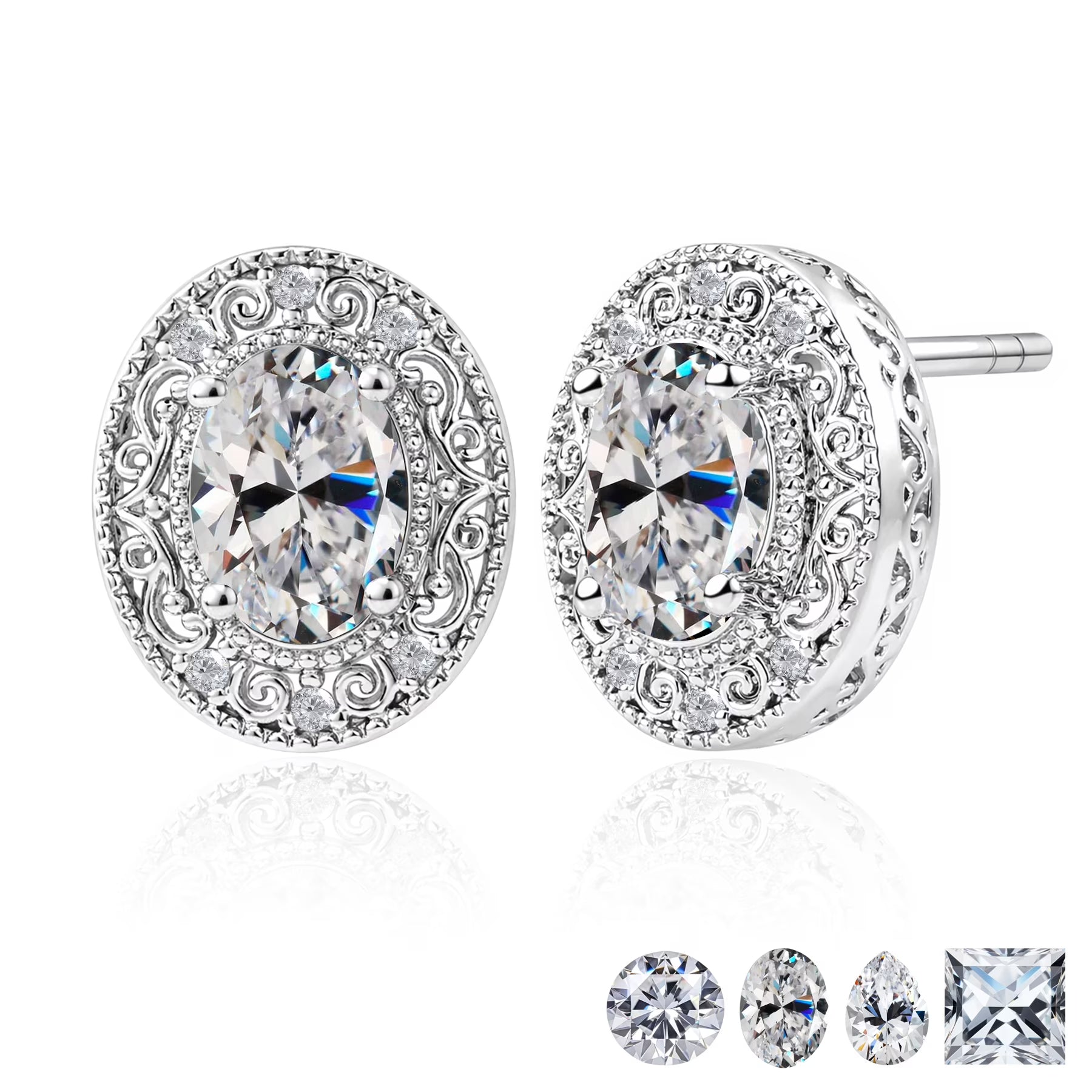 JeenMata 2 Carat Oval Cut Moissanite Stud Earring - Classic Vintage Earring in 18K White Gold Plating for Women Earrings
