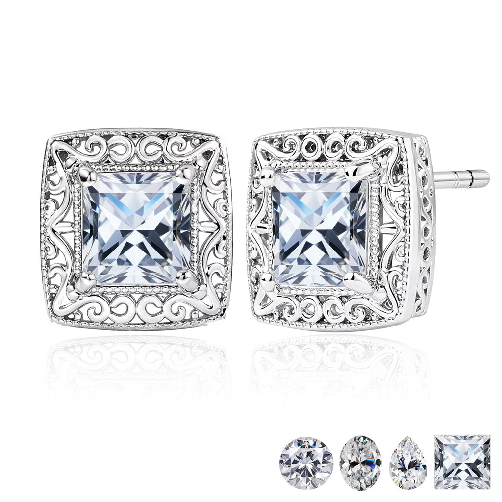 JeenMata 2 Carat Moissanite Princess Cut Stud Earring Classic Square Design - in 18K White Gold Plating for Women Earrings