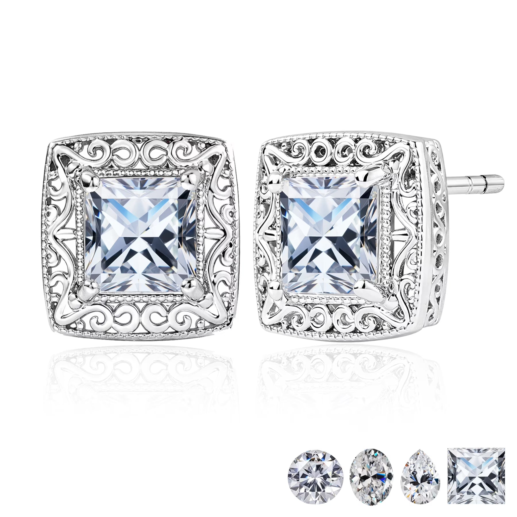 JeenMata 2 Carat Moissanite Princess Cut Stud Earring Classic Square Design - in 18K White Gold Plating for Women Earrings