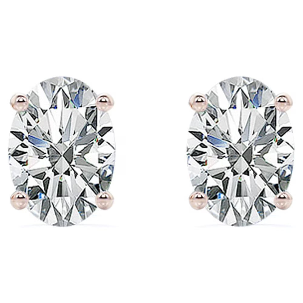 JeenMata 1 Carat Oval Cut Moissanite Solitaire Stud Earrings - 4 Prong - 18K Rose Gold Plating Over Silver