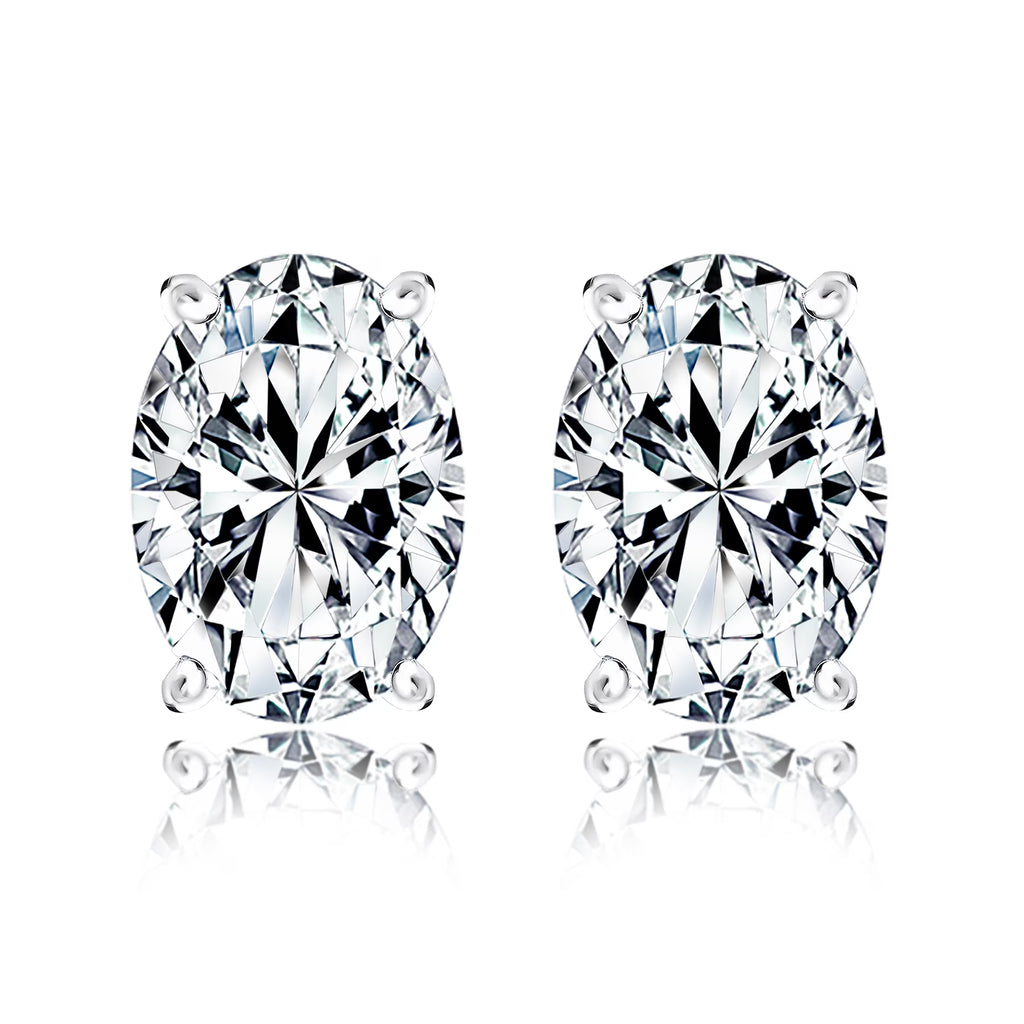 JeenMata 1 Carat Oval Cut Moissanite Solitaire Stud Earrings - 4 Prong - 18K White Gold Plating Over Silver