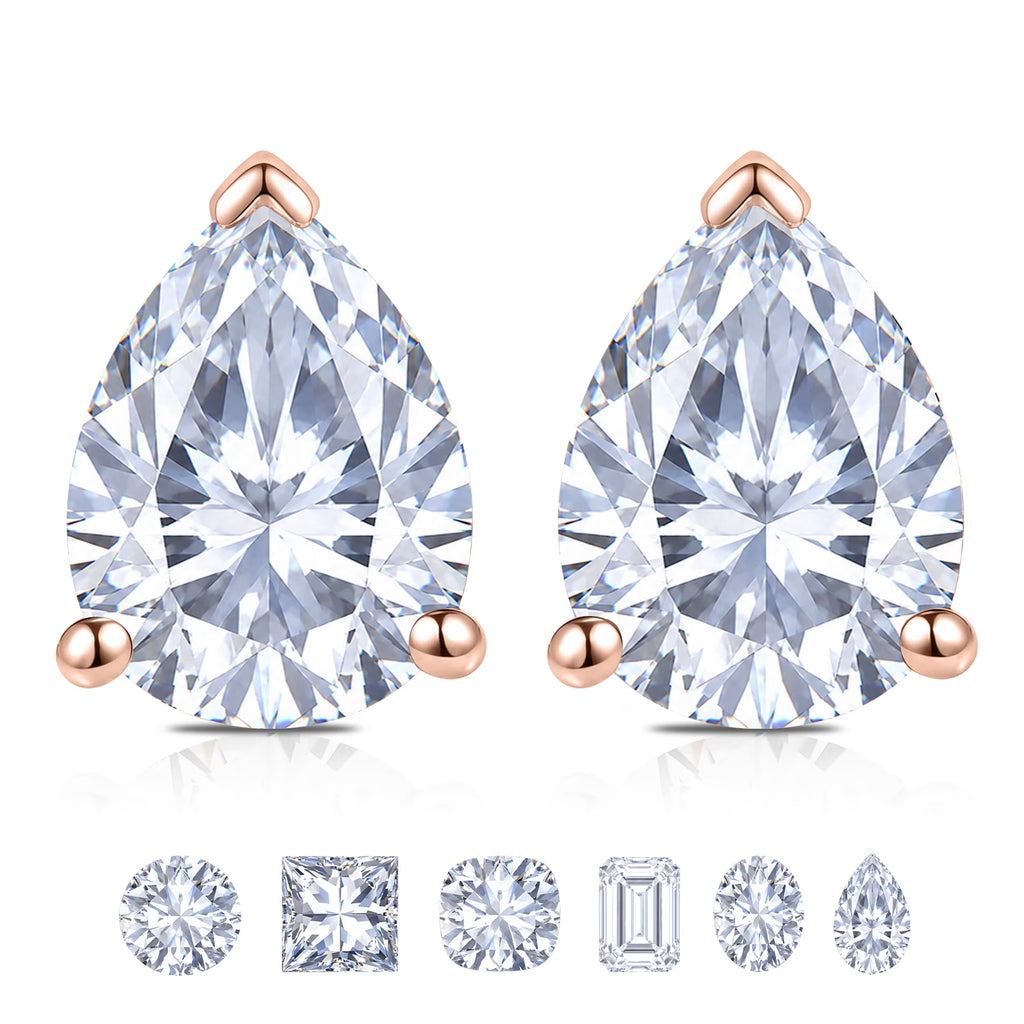 JeenMata 2 Carat Pear Cut Moissanite Minimalist Solitaire Stud Earrings in 18k Rose Gold Plating for Women