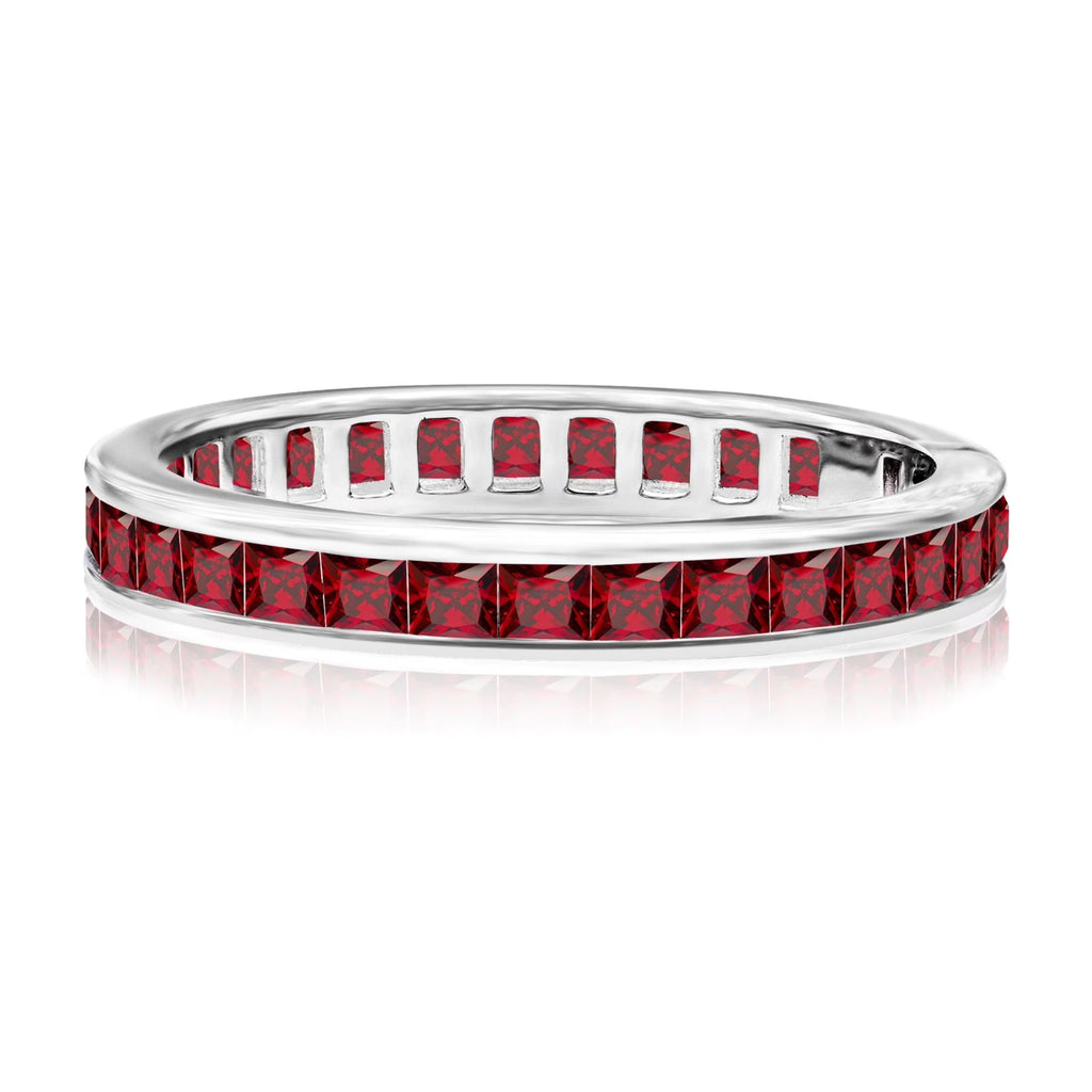 JeenMata 2 Carat Princess Cut January - Garnet - Birthstone Channel Set Wedding Band - Eternity Wedding Ring in 18K White Gold Over Silver