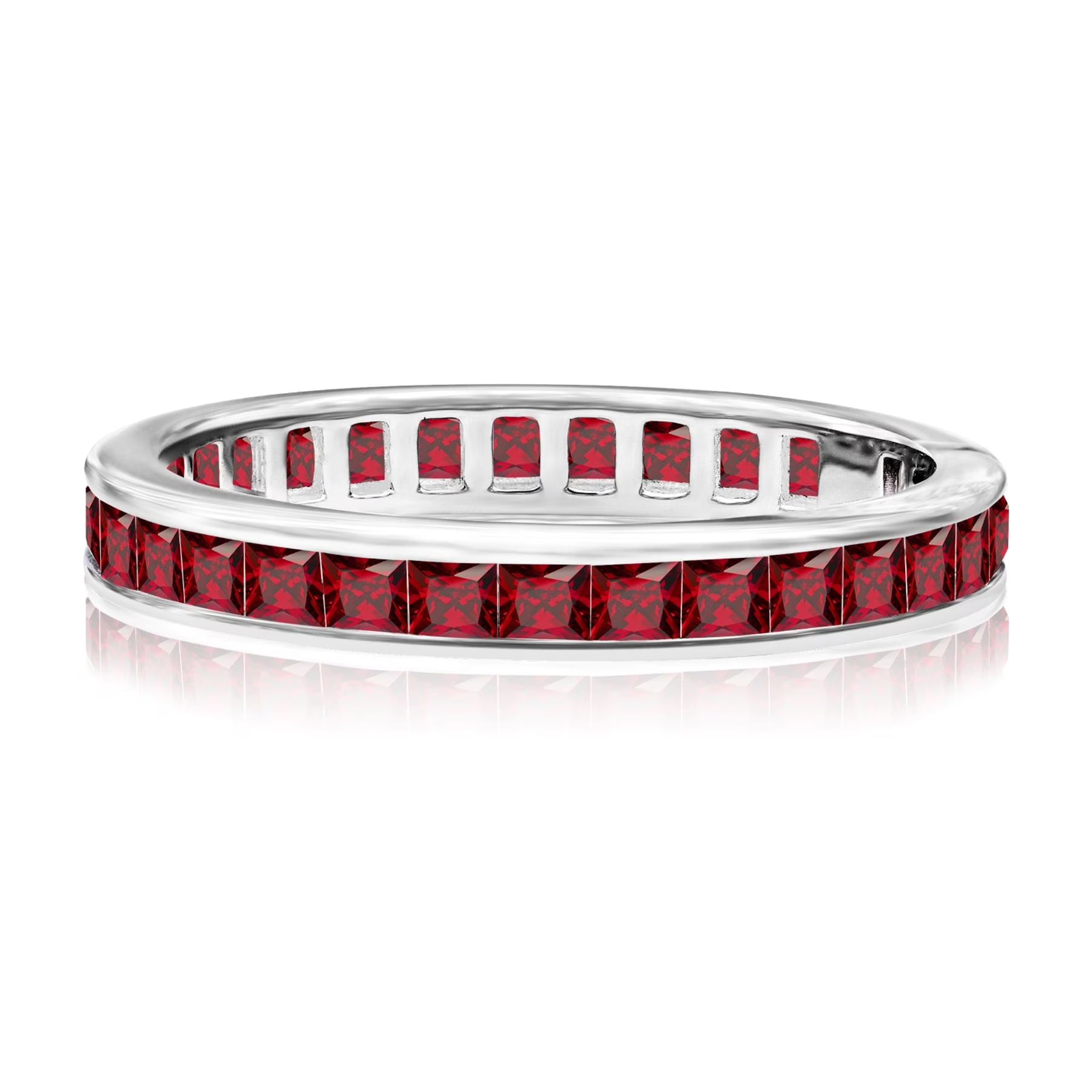 JeenMata 2 Carat Princess Cut January - Garnet - Birthstone Channel Set Wedding Band - Eternity Wedding Ring in 18K White Gold Over Silver