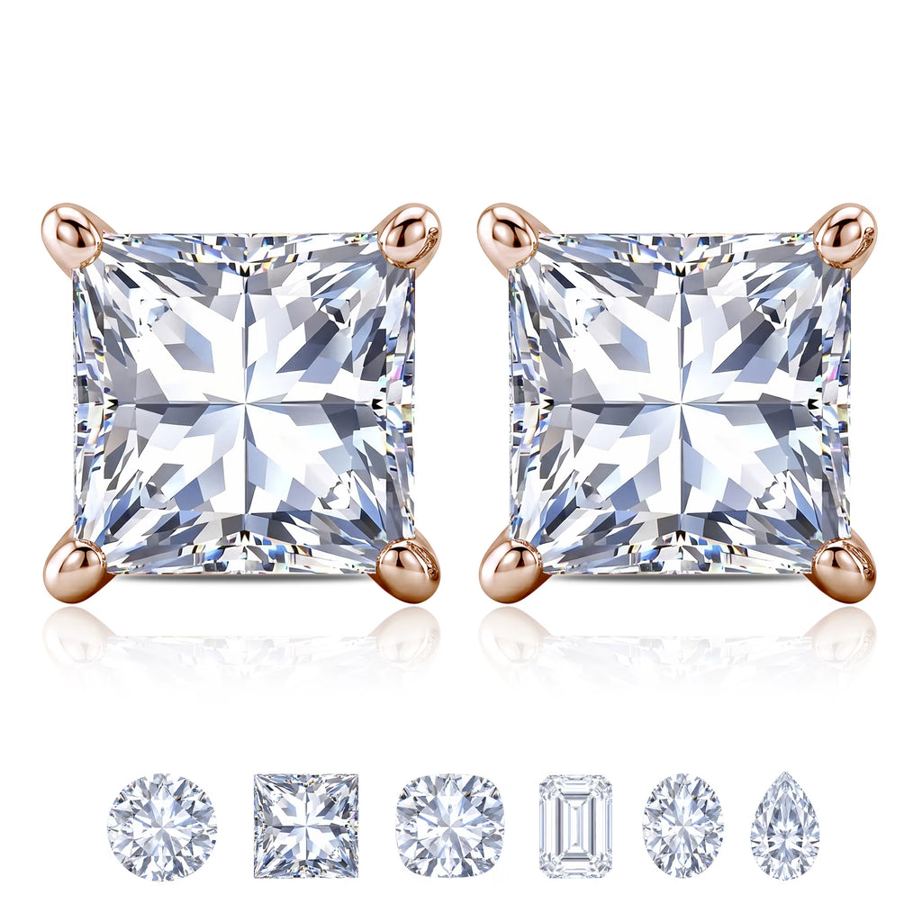JeenMata 2 Carat Princess Cut Moissanite 4 Prong Solitaire Stud Earrings in 18k Rose Gold Plating for Women