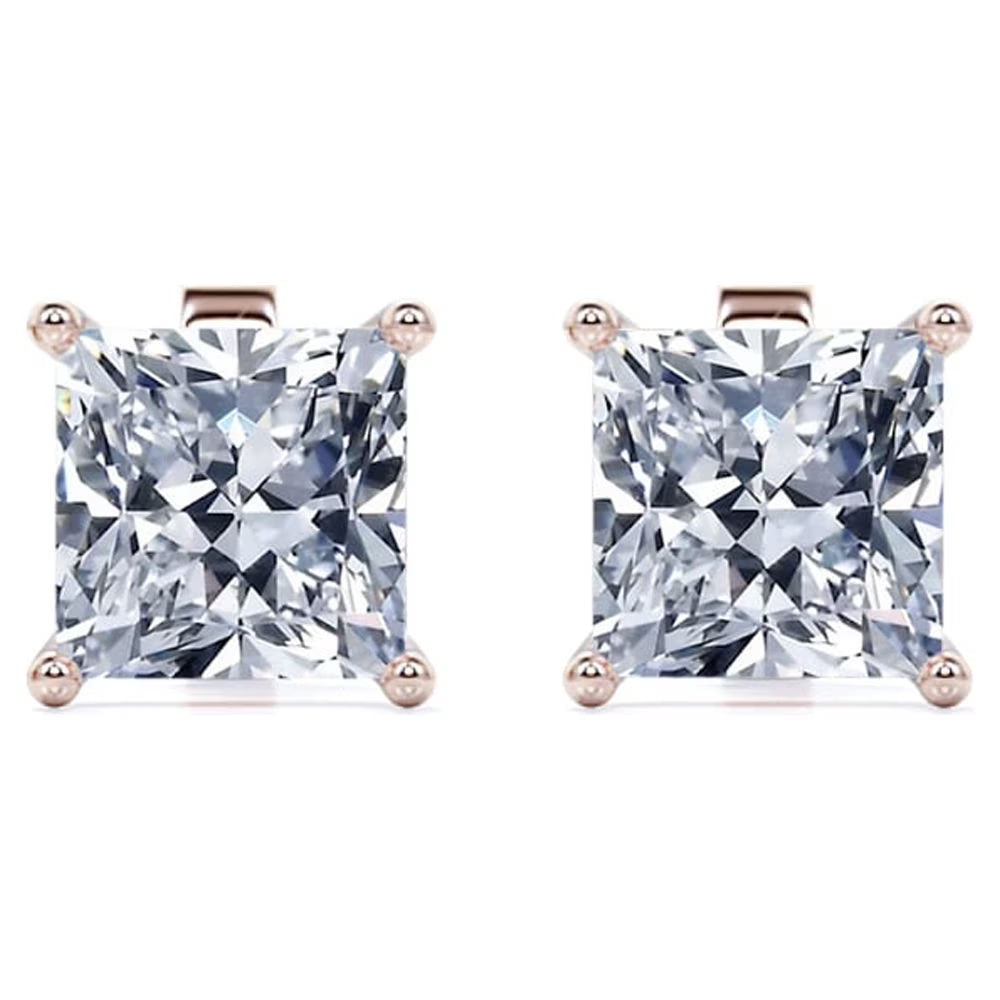 JeenMata 1 Carat Princess Cut Moissanite 4 Prong - Solitaire Stud Earrings - 18K Rose Gold Plating Over Silver