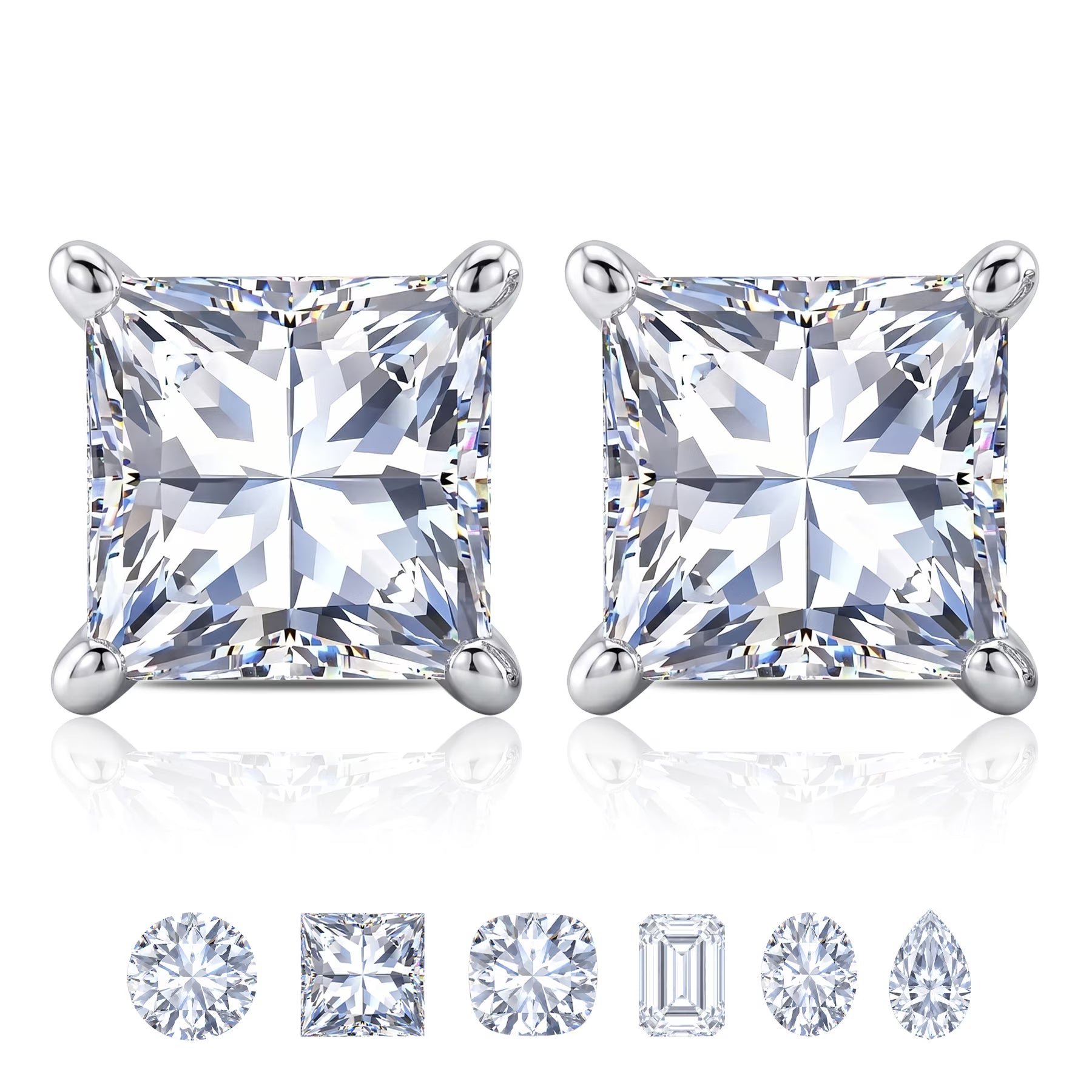 JeenMata 2 Carat Princess Cut Moissanite 4 Prong Solitaire Stud Earrings in 18k White Gold Plating for Women