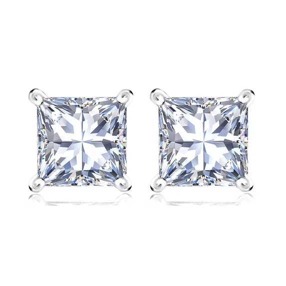 JeenMata 2 Carat Princess Cut Moissanite 4 Prong Solitaire Stud Earrings In 18K White Gold Plating Over Silver