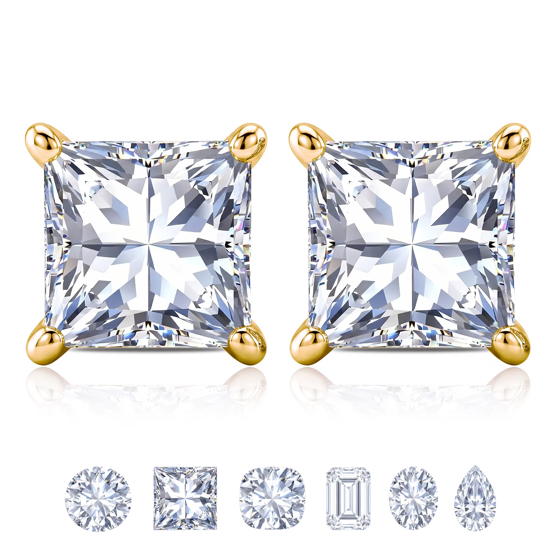 JeenMata 2 Carat Princess Cut Moissanite 4 Prong Solitaire Stud Earrings in 18k Yellow Gold Plating for Women
