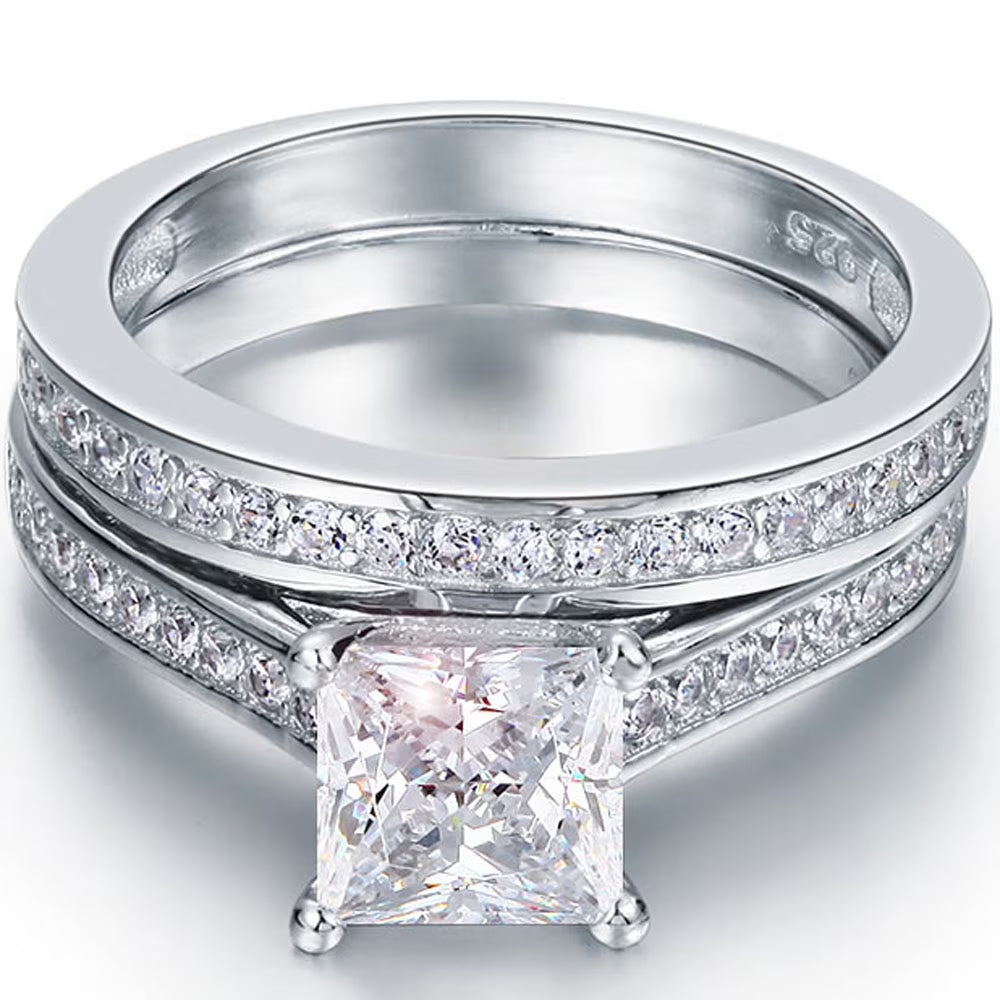 JeenMata 2 Carat Princess Cut Moissanite Wedding Set - Bridal Set - Channel Set Ring - Unique Ring - 18k White Gold Over Silver