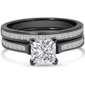 JeenMata 2 Carat Princess Cut Moissanite Wedding Set - Bridal Set - Channel Set Ring - Unique Ring - 18k Black Gold Over Silver