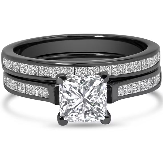 JeenMata 2 Carat Princess Cut Moissanite Wedding Set - Bridal Set - Channel Set Ring - Unique Ring - 18k Black Gold Over Silver