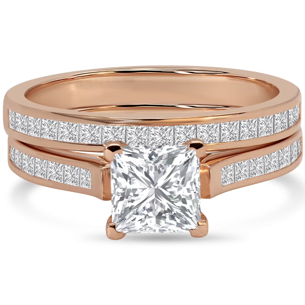 JeenMata 2 Carat Princess Cut Moissanite Wedding Set - Bridal Set - Channel Set Ring - Unique Ring - 18k Rose Gold Over Silver