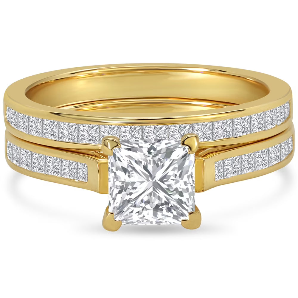 JeenMata 2 Carat Princess Cut Moissanite Wedding Set - Bridal Set - Channel Set Ring - Unique Ring - 18k Yellow Gold Over Silver