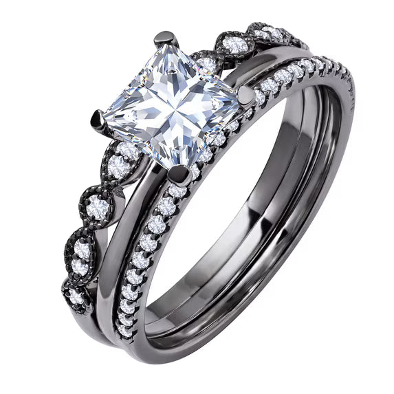 JeenMata 3.25 Carat Princess Wedding Ring Set - Bridal Set - Wedding Trio Set - Engagement Ring - Art Deco Ring - Promise Ring - Sterling Silver