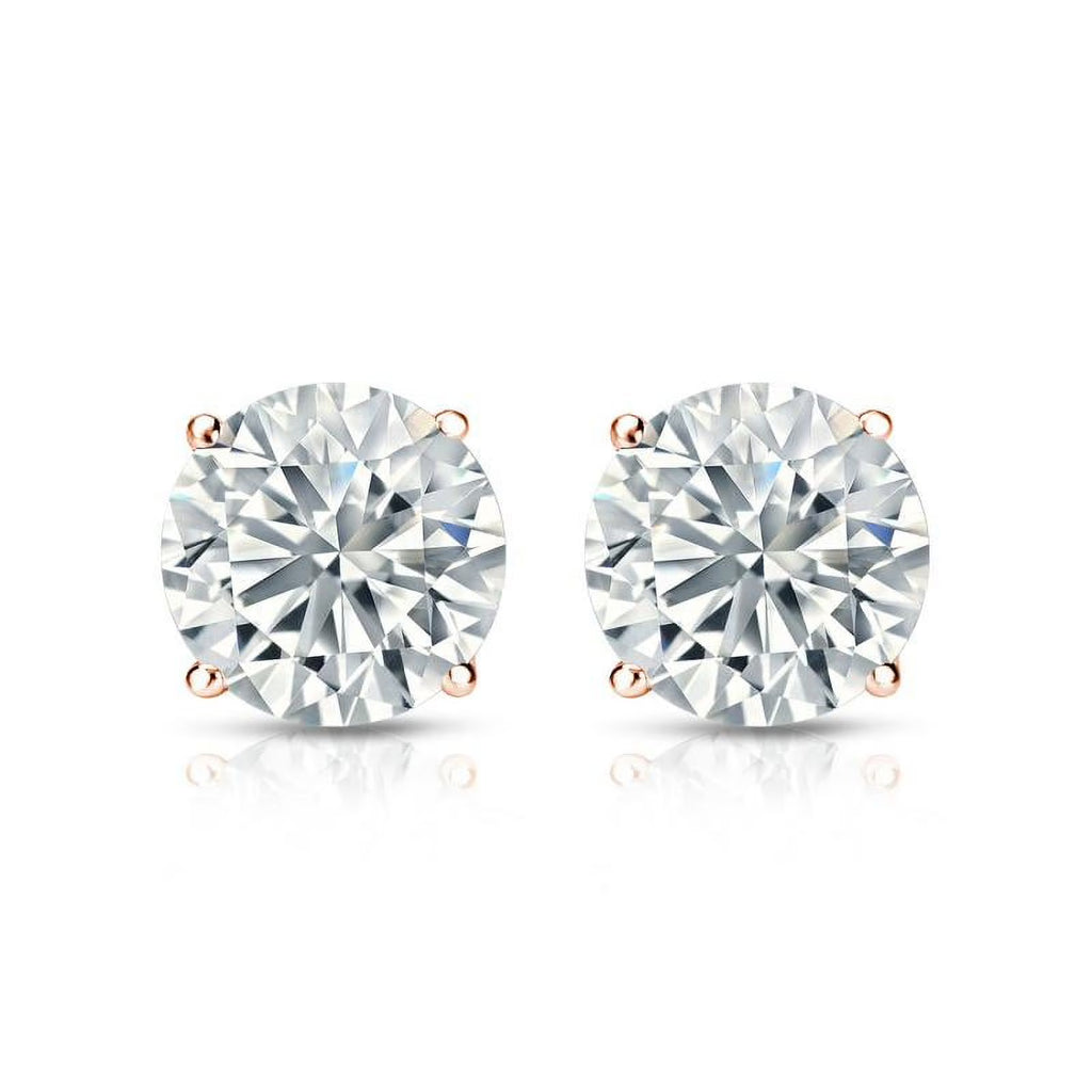 JeenMata 2 Carat Round Shaped Moissanite Solitaire Stud Earrings - 4 Prong - In 18K Rose Gold Plating Over Silver