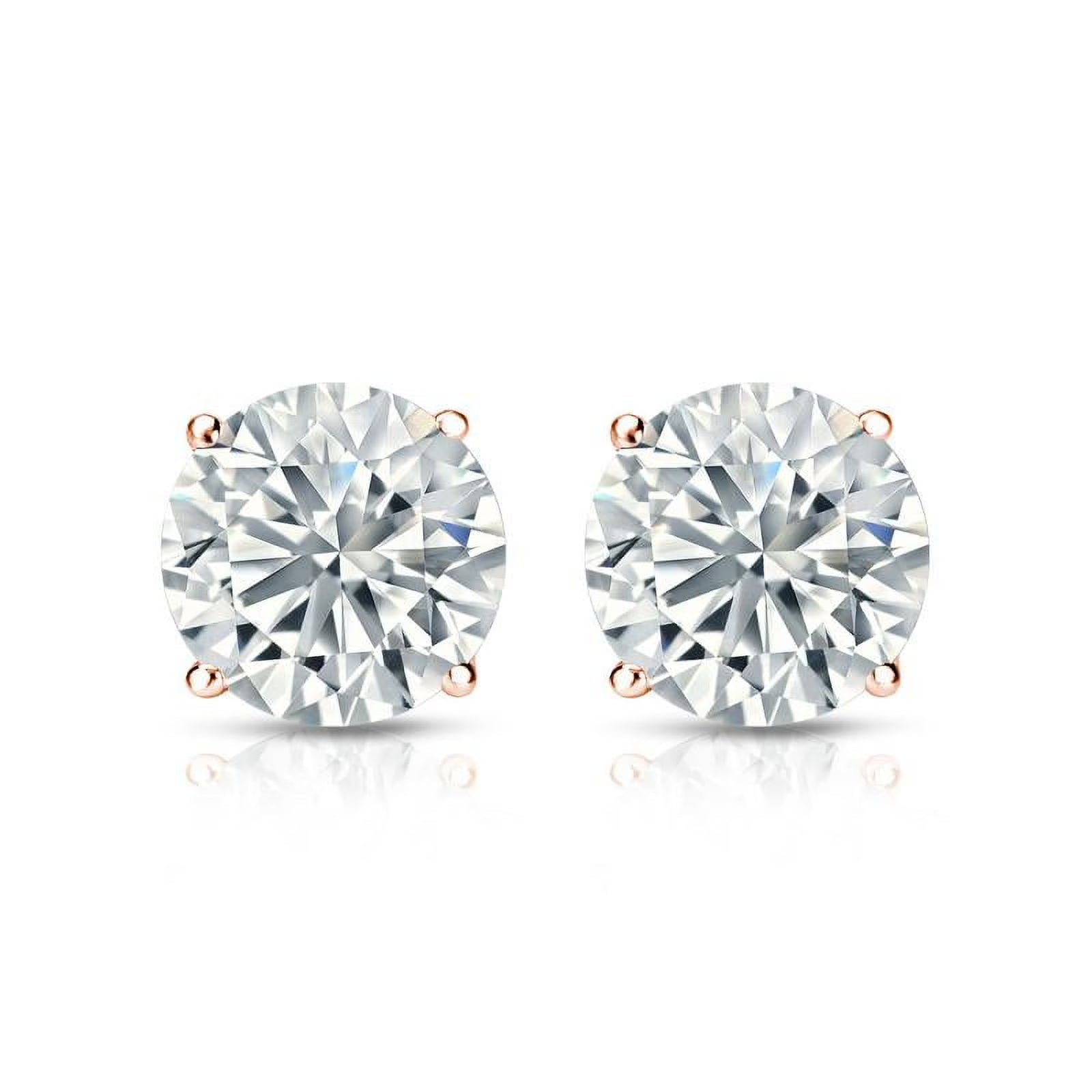 JeenMata 2 Carat Round Shaped Moissanite Solitaire Stud Earrings - 4 Prong - In 18K Rose Gold Plating Over Silver