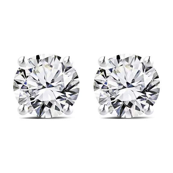 JeenMata 2 Carat Round Shaped Moissanite Solitaire Stud Earrings - 4 Prong - In 18K White Gold Plating Over Silver