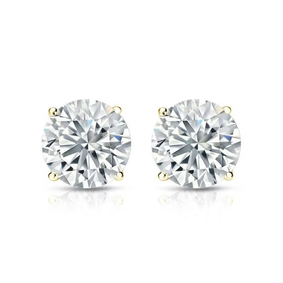 JeenMata 2 Carat Round Shaped Moissanite Solitaire Stud Earrings - 4 Prong - In 18K Yellow Gold Plating Over Silver