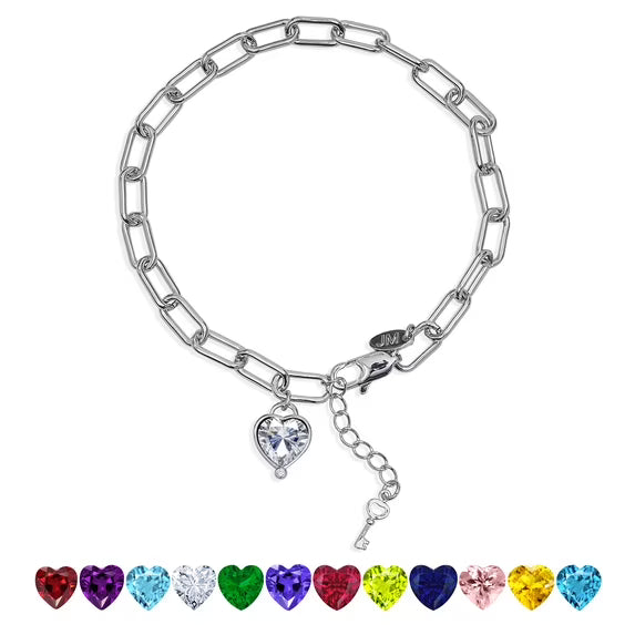 JeenMata 3 Carat April Heart & Key Charm Birthstone Bracelet - 18K White Gold Plating for Women