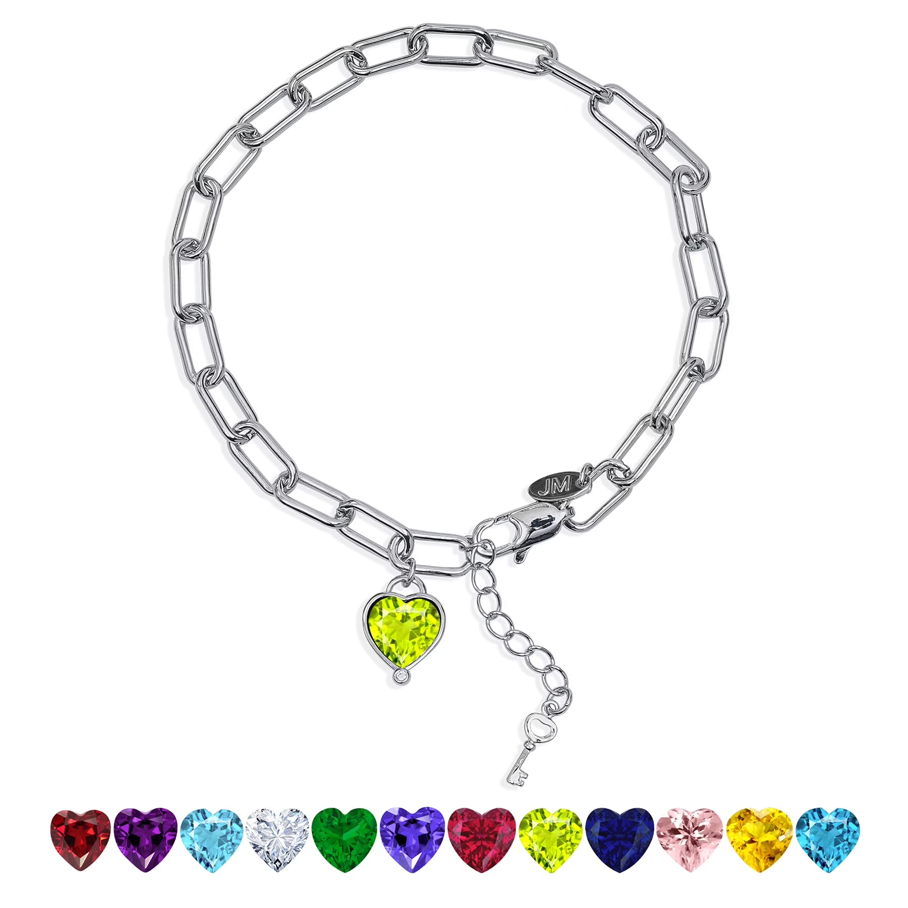 JeenMata 3 Carat August Heart & Key Charm Birthstone Bracelet - 18K White Gold Plating for Women