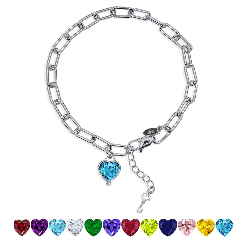 JeenMata 3 Carat December Heart & Key Charm Birthstone Bracelet - 18K White Gold Plating for Women