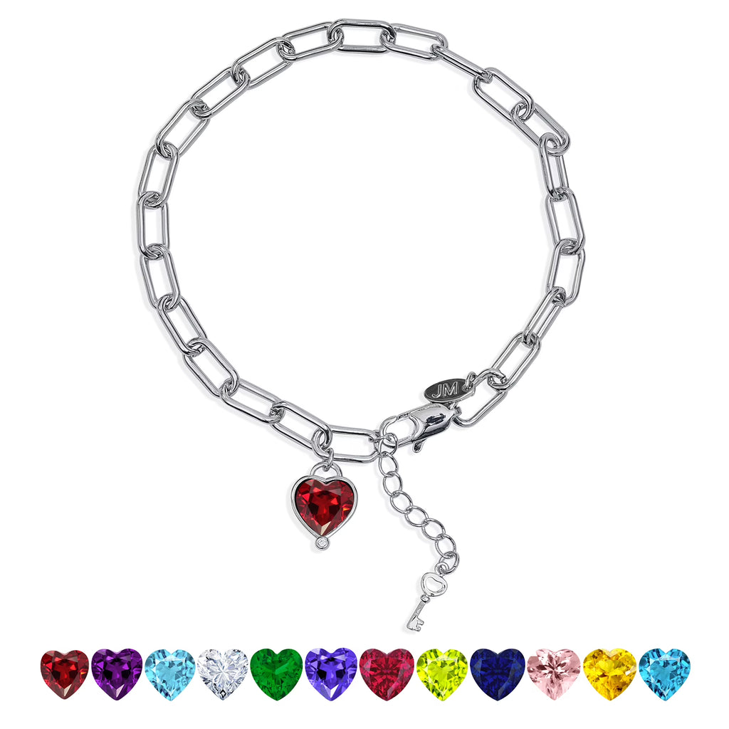 JeenMata 3 Carat January Heart & Key Charm Birthstone Bracelet - 18K White Gold Plating for Women
