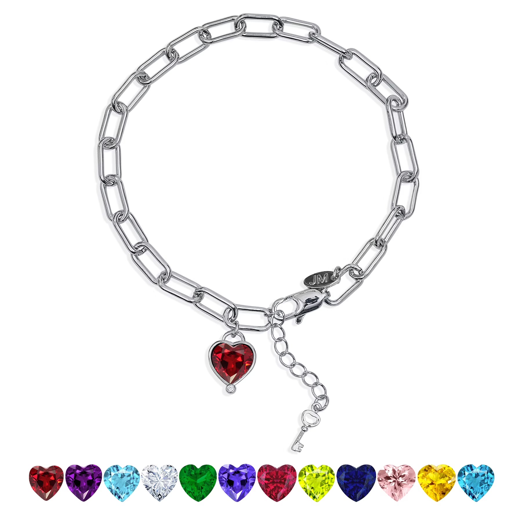 JeenMata 3 Carat January Heart & Key Charm Birthstone Bracelet - 18K White Gold Plating for Women