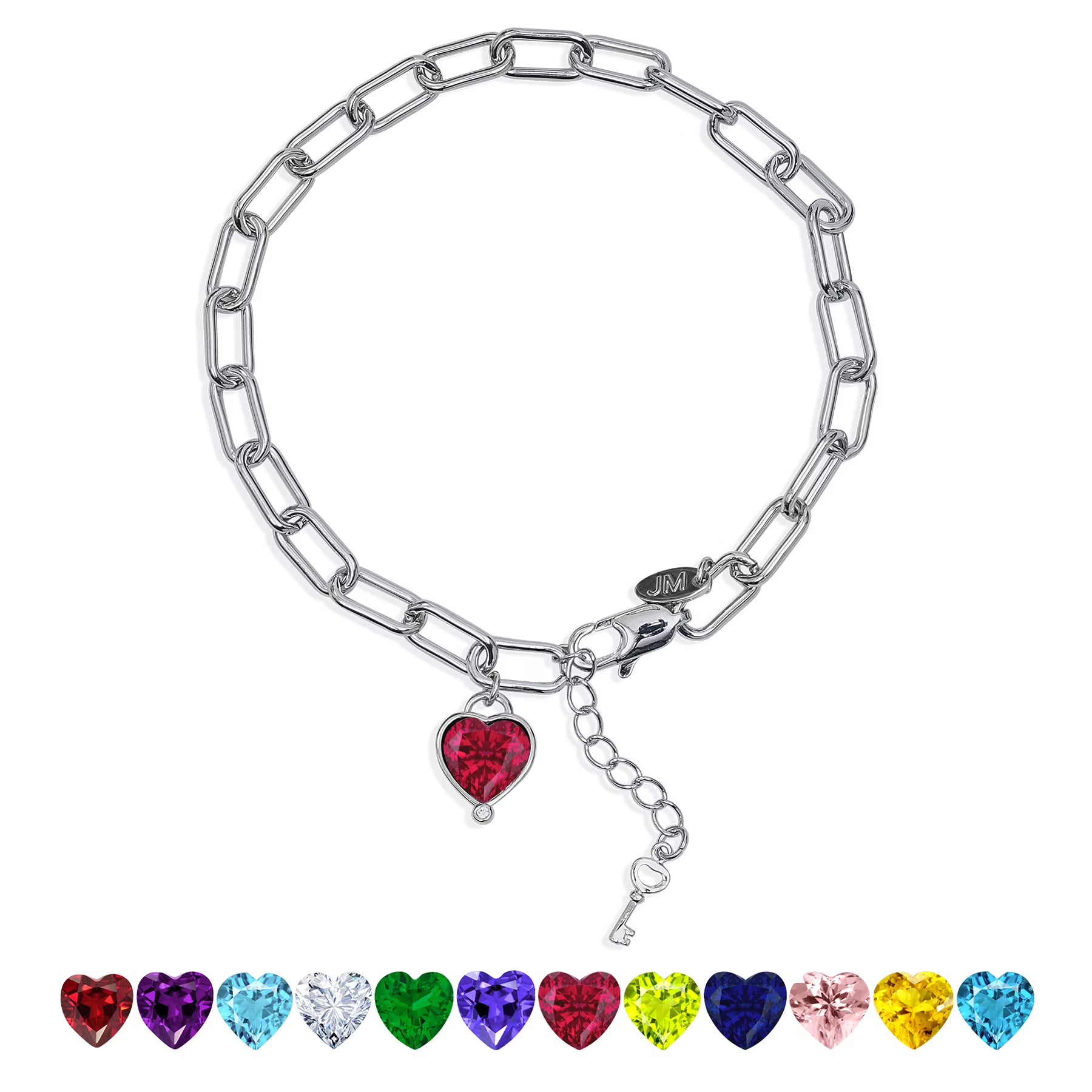JeenMata 3 Carat July Heart & Key Charm Birthstone Bracelet - 18K White Gold Plating for Women