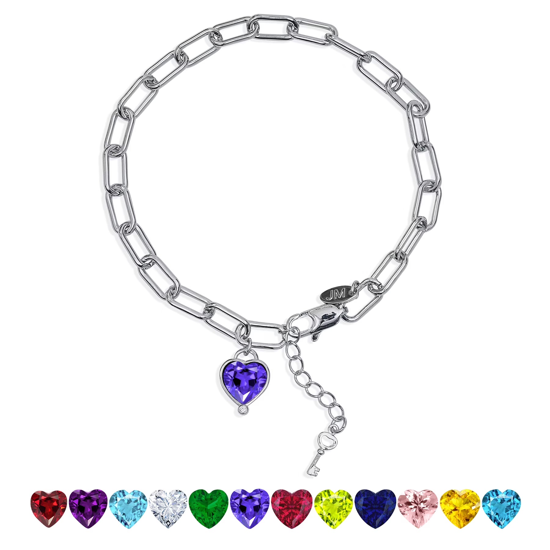 JeenMata 3 Carat June Heart & Key Charm Birthstone Bracelet - 18K White Gold Plating for Women