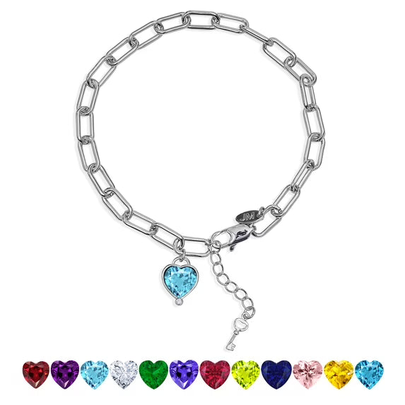 JeenMata 3 Carat March Heart & Key Charm Birthstone Bracelet - 18K White Gold Plating for Women