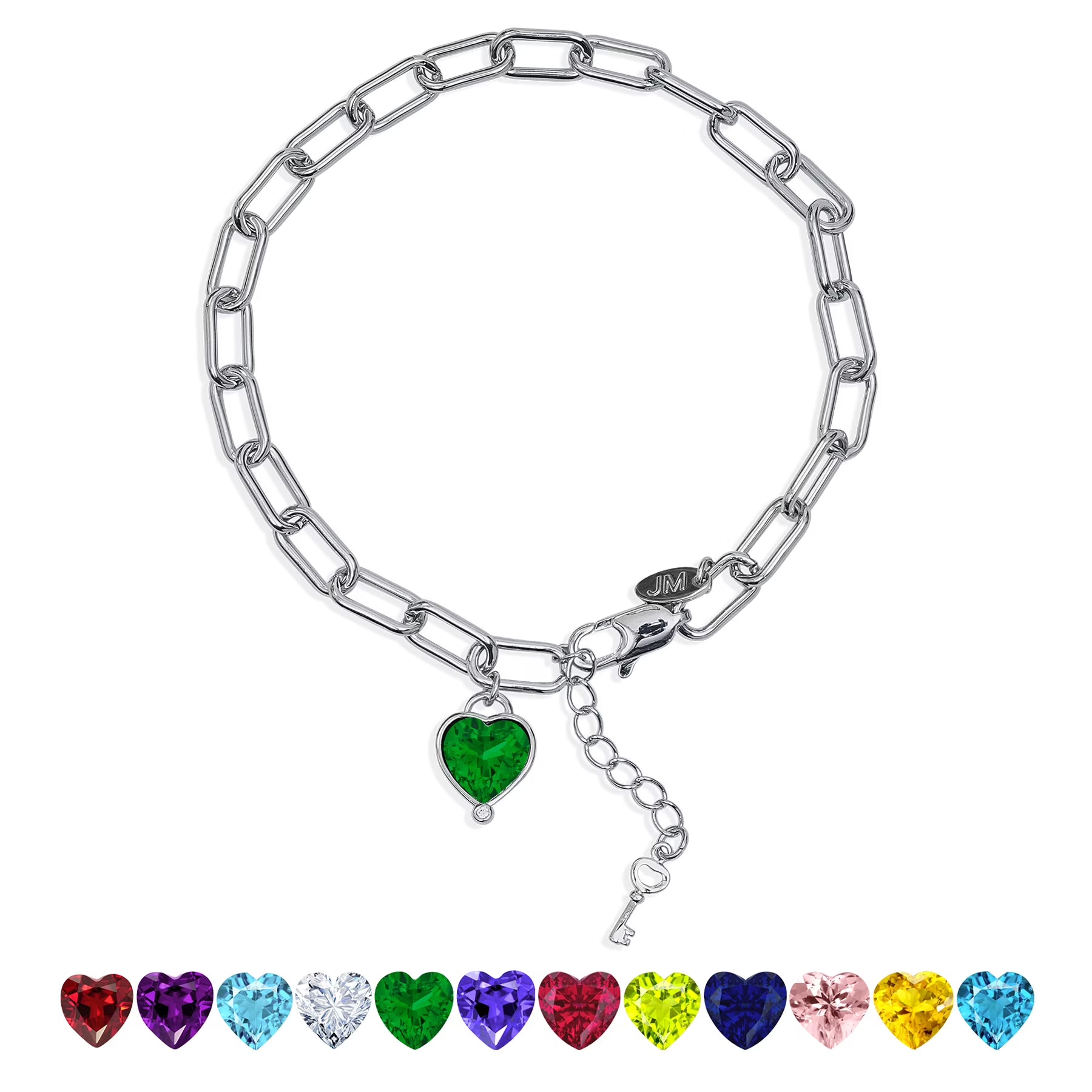JeenMata 3 Carat May Heart & Key Charm Birthstone Bracelet - 18K White Gold Plating for Women