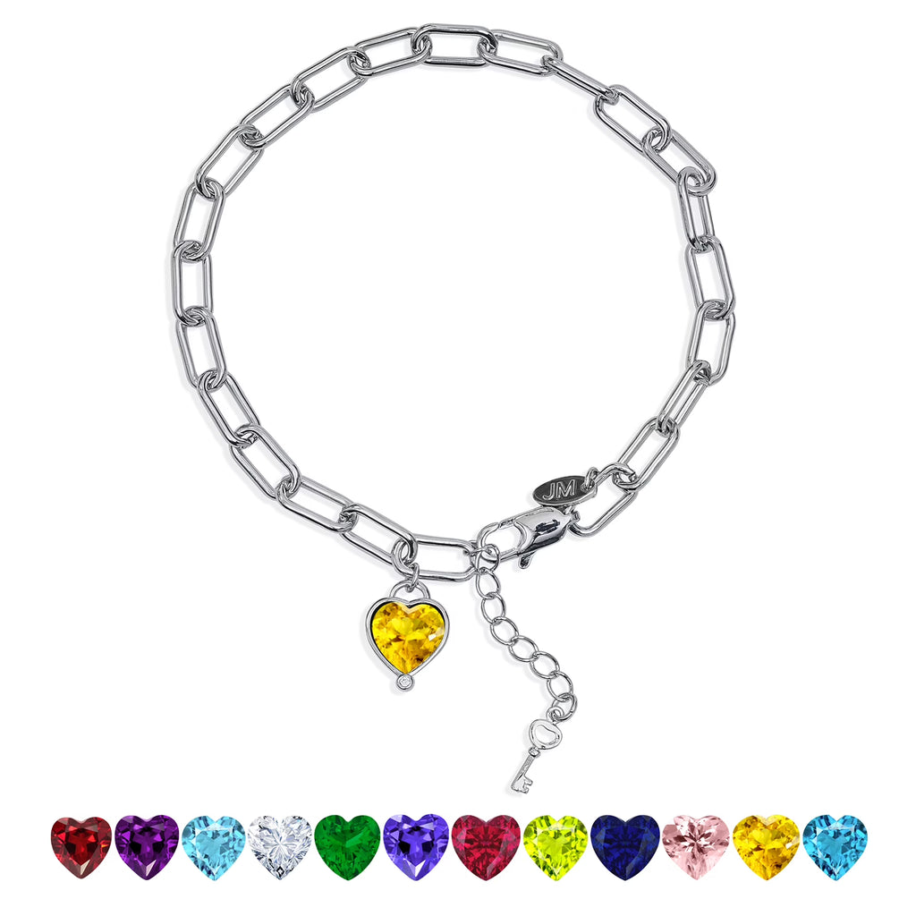 JeenMata 3 Carat November Heart & Key Charm Birthstone Bracelet - 18K White Gold Plating for Women