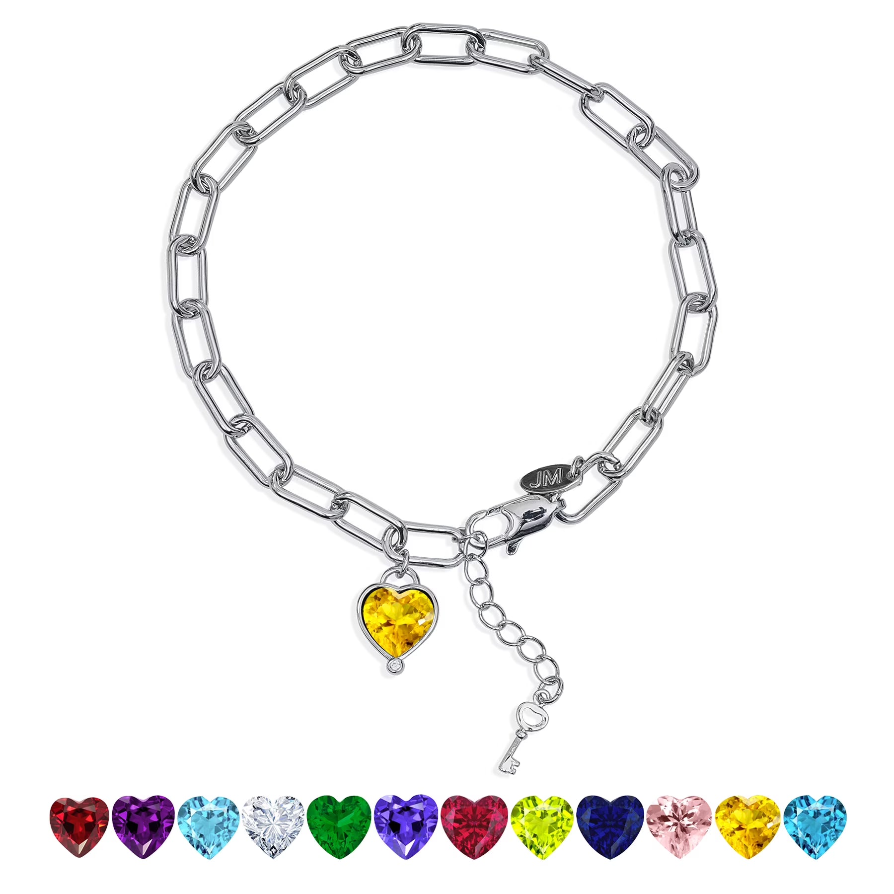 JeenMata 3 Carat November Heart & Key Charm Birthstone Bracelet - 18K White Gold Plating for Women