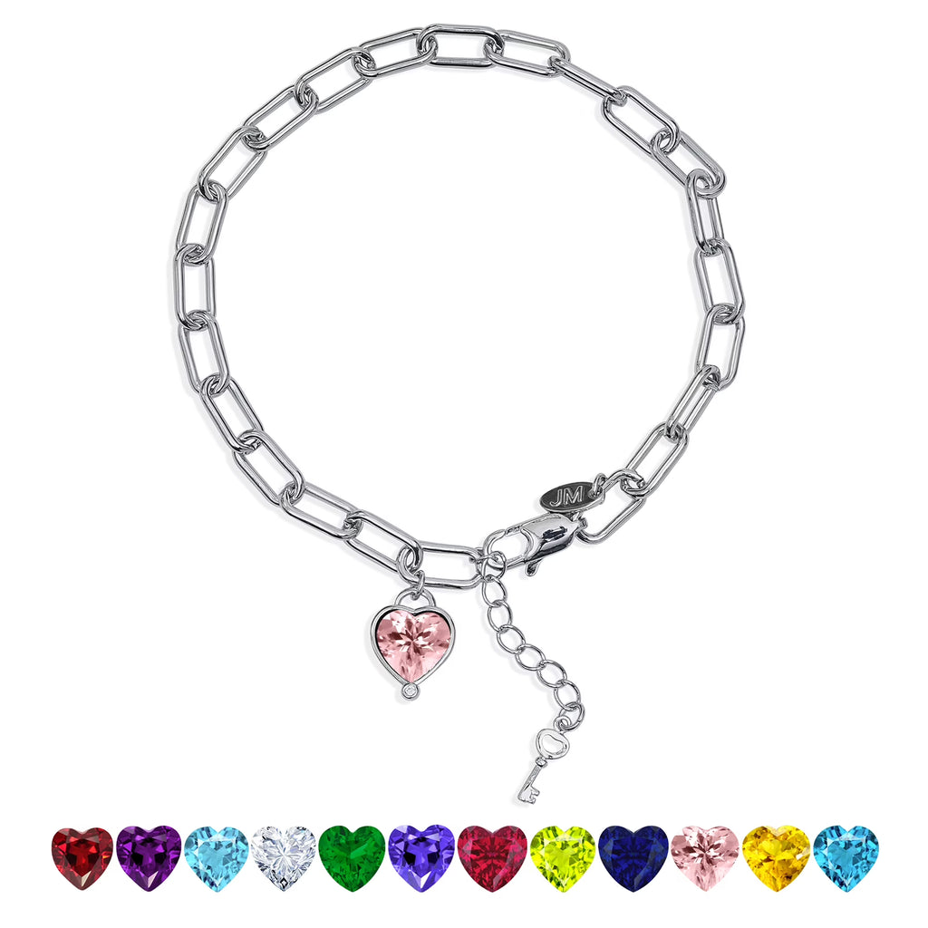 JeenMata 3 Carat October Heart & Key Charm Birthstone Bracelet - 18K White Gold Plating for Women