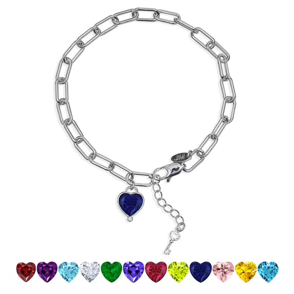 JeenMata 3 Carat September Heart & Key Charm Birthstone Bracelet - 18K White Gold Plating for Women