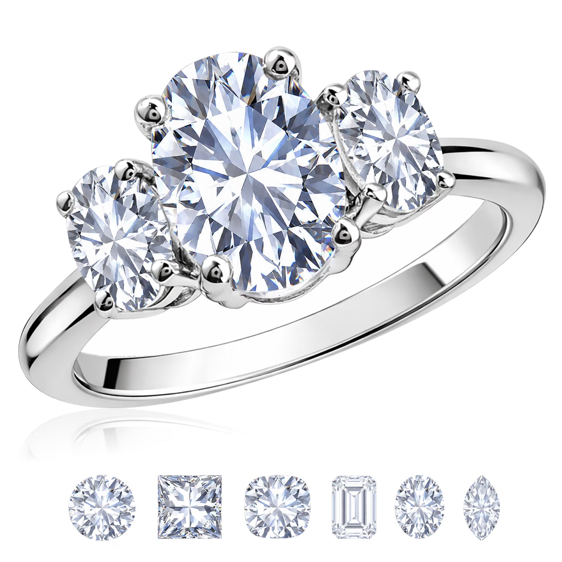 JeenMata 3 Carat Oval Cut Moissanite Rings - Three Stone Engagement Rings in 18K White Gold Plating for Women