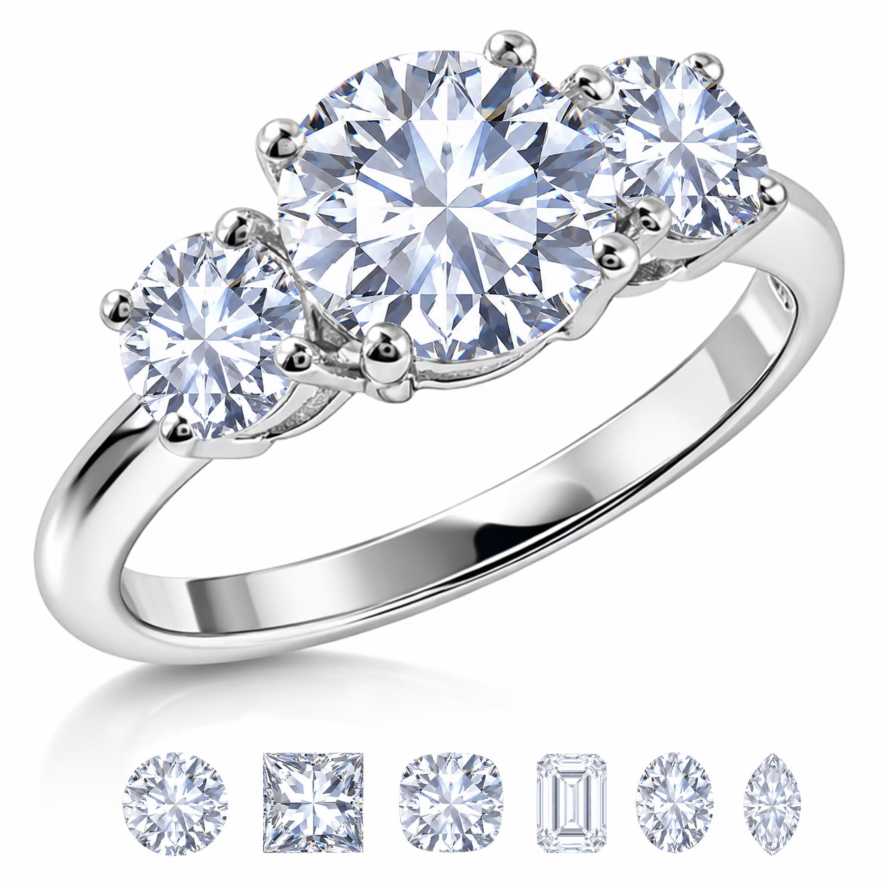 JeenMata 3 Carat Round Cut Moissanite Rings - Three Stone Engagement Rings in 18K White Gold Plating for Women